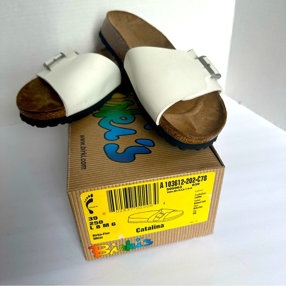 Birki Catalina Women's White Leather Sandals with Silver Buckle Size 38 8(.5)